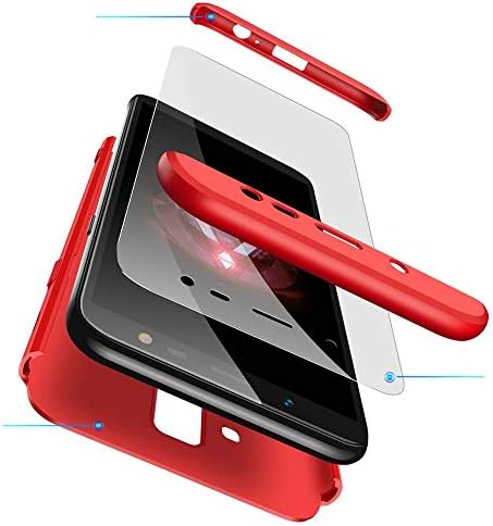 cmdkd Galaxy J8 2018 Case, 360 Degree Protection 3 in 1 Slim PC Cover Shockproof Shell Full Body Coverage Hard Protective Case + Tempered Glass Screen Protector for Galaxy J8 2018 Red
