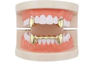 Psivika Gold Plated Shiny Hip Hop Teeth Grillz Caps Iced Out CZ Top and Bottom Vampire Fangs Grillz for Men and Women