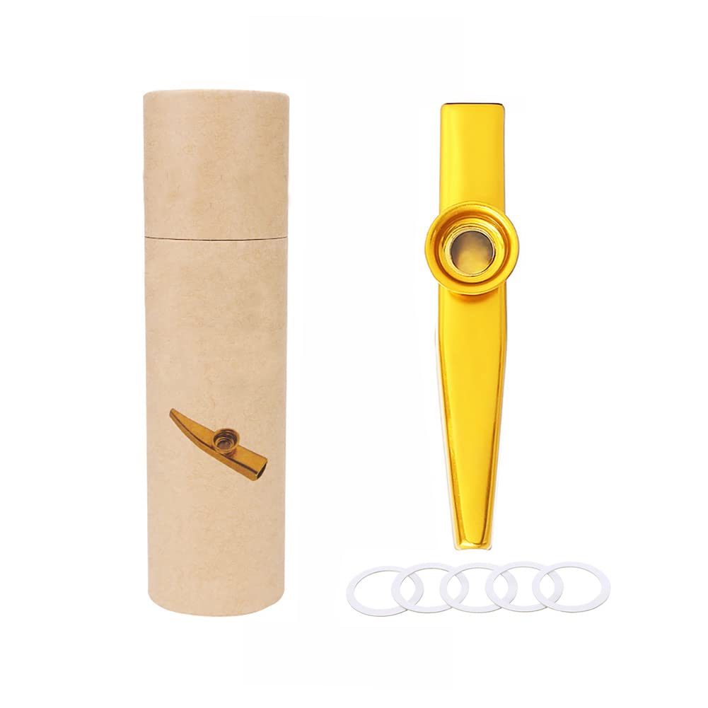 Alnicov Metal Kazoo,Aluminum Alloy Kazoo with 5 Kazoo Flute Diaphragms and a Beautiful Box for Musical Instrument Ukulele Guitar Partners(Gold)