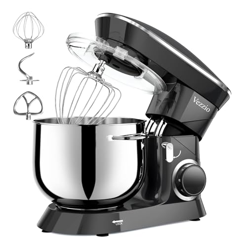 Vezzio 8.5L Professional Pastry Mixer 1500 W 6 Speeds Kitchen Robot Mixer Multifunction Low Noise Stainless Steel Bowl, Kneader, Whisk and Rods (Black)