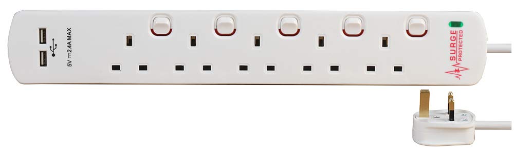 PRO ELEC PELB1966 – 5‑Gang Switched Surge‑Protected Extension Lead with USB, 2 m, White