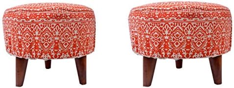 Tanishkam Decor Polished Printed Wooden Stool|Ottoman(Cotton & Wood, Set of 2, Orange Print Stools)