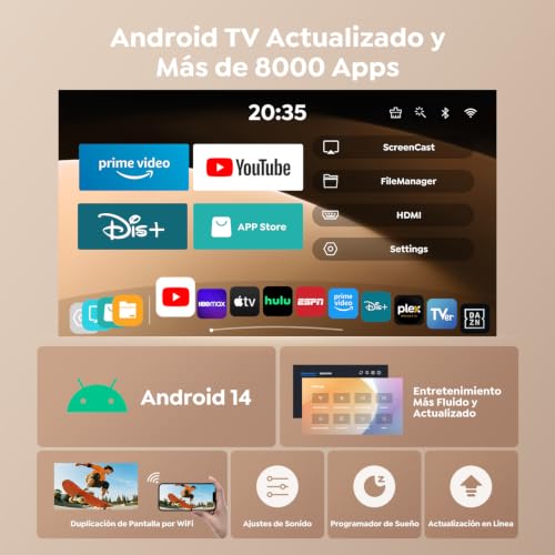 Proyector Portátil【Android 14.0 & App Integrada】 Proyector 4K/1080P Soporte Tiro Corto, Auto Keystone, WiFi 6 Bluetooth 5.4, TOPTRO MiniProyector Rotación 270° con Soporte Incluido para Cine en Casa