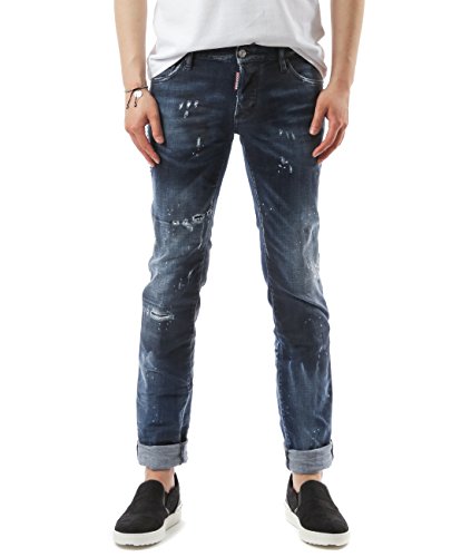 Wiberlux DSquared2 Men's Stud Accented Pre-Damaged Slim Fit Jeans 46 Dark Blue