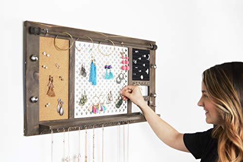 SoCal Buttercup Deluxe Rustic Wood Jewelry Organizer - from Hanging Wall Mounted Wooden Jewelry Display - Organizer for Earrings, Necklaces, Bracelets, Studs, and Accessories