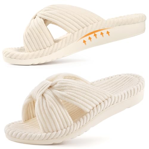 Litfun Orthopedic Arch Support Slippers for Women Comfortable Open Toe Indoor House Slippers Corduroy Cross Bow Bedroom Shoes for Plantar Fasciitis