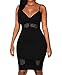 HUUSA Sexy Womens Sheer Stripes Accent V Neck Party Midi Dress (Small, Black)