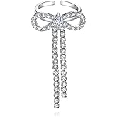 Izpack Bridal Rhinestone Bow Statement Ring for Women Dangling Crystal Chain Tassel Bowknot Ribbon Adjustable Open Finger Rings Wedding Engagement Promise Bands Delicate Jewelry for Wife