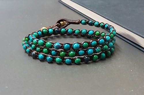 Handmade Wrap Bracelet Anklet Chrysocolla Brown Wax Cord Triple Bracelet Anklet