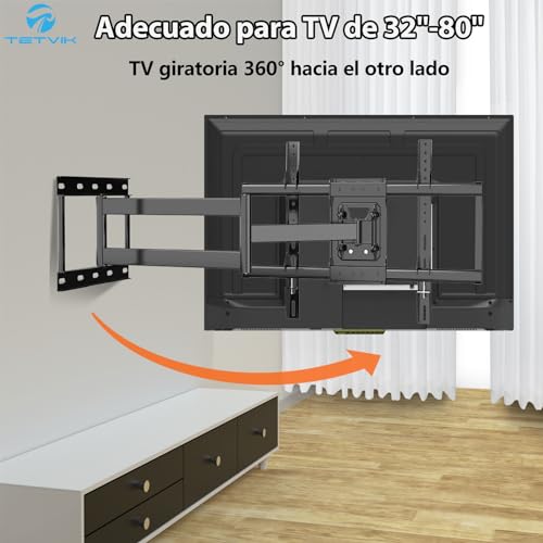 TETVIK Soporte de TV Movible para Pantallas De 32″ a 80 ″, Soporte de Pared para Monitores LCD, LED y OLED, Articulado Inclinable y Giratorio con 3 Brazos, Soporta hasta 40 Kg, VESA Máx 600x400mm.