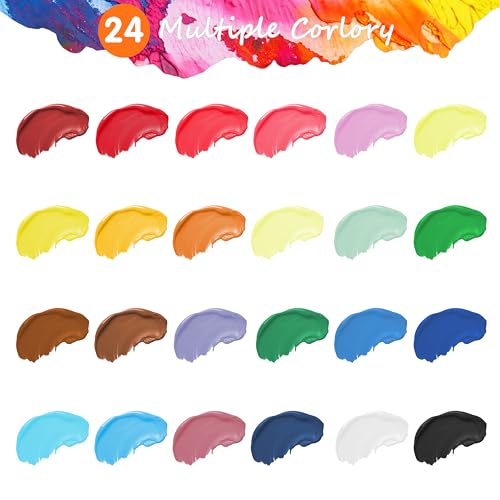 KINSPORY 24 x 60ml Acrylic Paint with 12 Brushes and Palette - Water Resistant, Safety Certified - for Canvas, Stone, Wood, Fabric, Ideal for Artists, Beginners and Kids