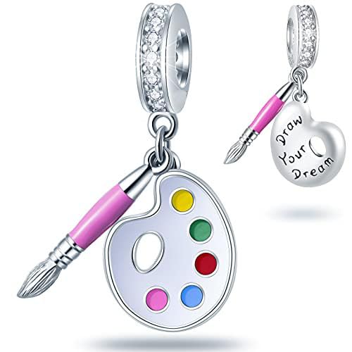 Artist Palette and Paint Brush Dangle Charms, fits Pandora Art Bracelet, Colorful Enamel Painting Paintbrush Pendant Beads, Gift for Painter/Son/Birthday…