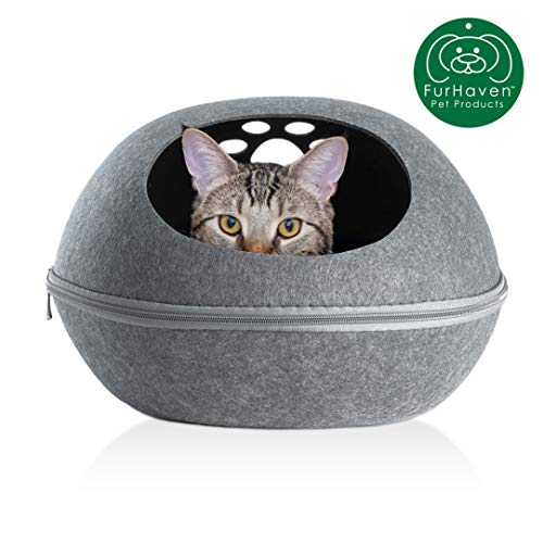 Furhaven Pet Cat Bed Furniture | Paw Print Cutout Felt Pet House Private Den Hideout Oval Pet Bed for Cats & Small Dogs, Heather Gray, One Size