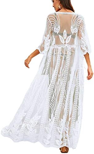 Long Lace Floral Embroidred Cover-up Cardigans 2020 Women Beach Wears Open Front Half Sleeve White (903)