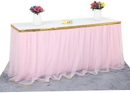 Tulle Table Skirt,MineSha 3 Yards Handmade Elegant Fluffy Gold Side Tutu Table Skirt for Rectangle or Round Tables for Party Decoration, Meetings, Birthdays, Wedding, Baby Shower (L9(ft)H 30in, Pink)