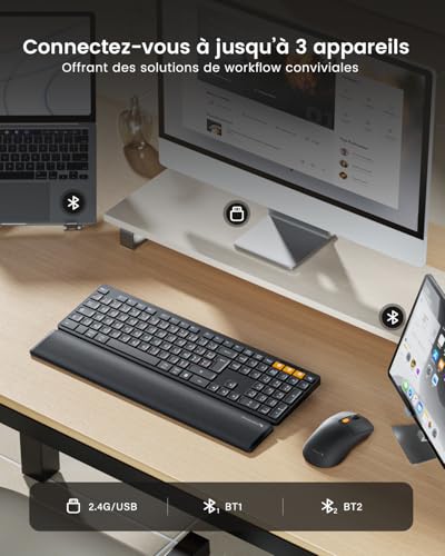 ProtoArc KM60 Rechargeable Wireless Keyboard Mouse Pack with Wrist Rest, Full Size, 2.4G + 2 x Bluetooth, for Laptop, PC, Mac, Windows, French AZERTY – Black
