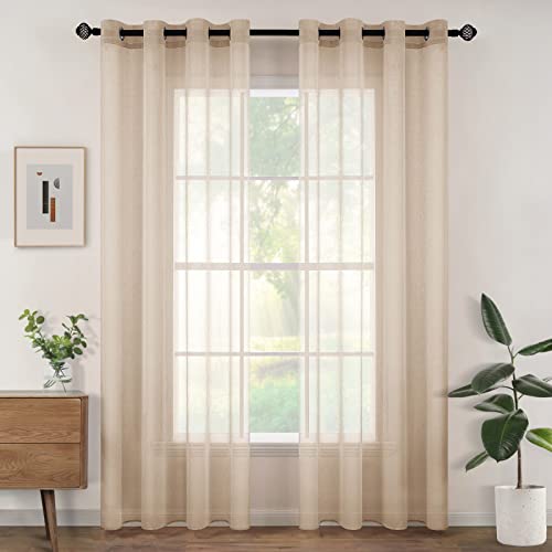 Woaboy Interior Curtains, 2 Pieces, 140 x 200 cm, Semi-Transparent Voile Window Curtains for Living Room and Bedroom for Home Decor, Beige