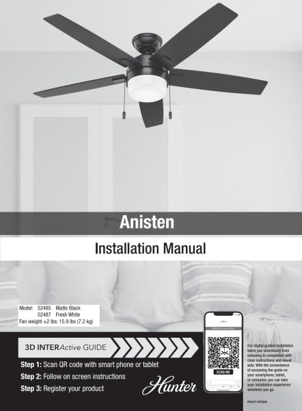 Hunter Fan Company 52485 Anisten Bedroom Ceiling Fan with LED Lights, Large Low Profile, Matte Black