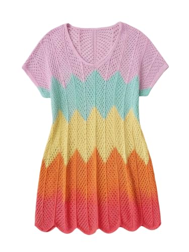 SweatyRocks Girl's Swim Cover Up Crochet Swimsuit Coverup Short Sleeve Hollow Out Beach Dress Multicolor 14Y at Amazon