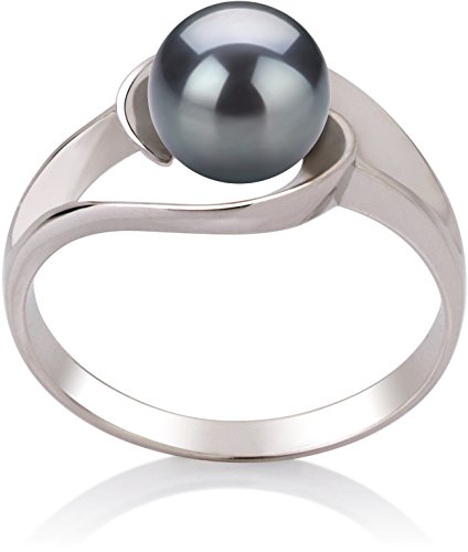 PearlsOnly Clare Black 6.0-6.5mm AAA Freshwater Silver with Rhodium Plated Cultured Pearl Ring Ring-Size-6