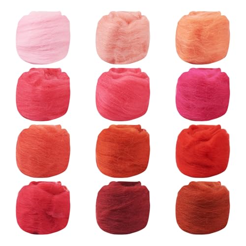 FASHEWELRY 1.94 oz Red Wool Roving for Needle Felting Kit 11 Colors Felting Wool Yarn Core Wool Felt Craft Kit for Adult Beginners Felted Crafts DIY Materials Hand Spinning Supplies