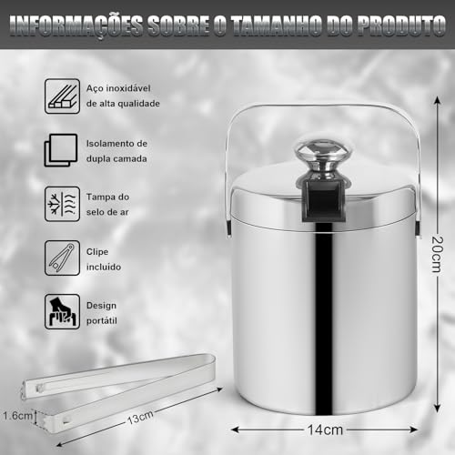 1.3L Balde Gelo Aço Inox Parede Dupla com Pegador Tampa Alça, Balde Térmico com Pinça, Tbalde Termico com Coador