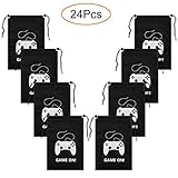 AhlsenL 24 Pack Video Game Bags Black Gaming Party Bags Pattern White Gamepad Two Drawstring with Button Non-Woven Fabrics for Kids Birthday Party