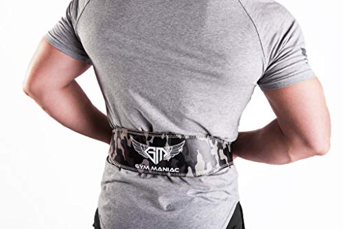 Gym Maniac GM Weight Lifting Waist Gym Belt | Adjustable Size, 2 Prong Buckle, Comfy Suede, Reinforced Stitching | Support Your Back & Alleviate Pains (CAMO, Small)