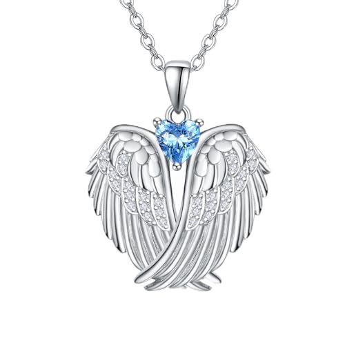 KINGWHYTE Guardian Angel Necklace 925 Sterling Silver Angel Wings Necklace with Heart Zircon Wings Pendant Necklace Guardian Angel Jewerlly Gifts for Women
