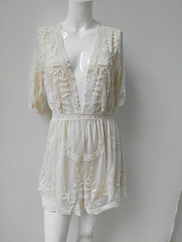 Eleter Women's Deep V-Neck Lace Romper Short Sleeve Long Dress (Medium, White-Short Style)