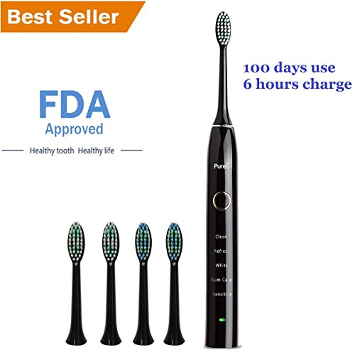 Sonic Electric Toothbrush Travel Rechargeable for Superior Dental Hygiene Daily Clean, Gum Care, Sensitive, Whitening, and Deep Clean Oral Health Micropulse Bristles with 4 Replacement Heads - Black
