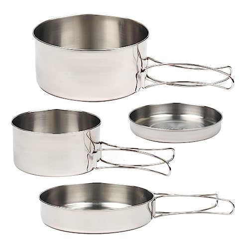 Porssaut 4pcs Camping Cookware Set, Cookware Mess Kit Camping Frying Pan Lightweight Backpacking Cookware Pots and Pans Cooking set Stainless Steel Compact for Picnic Hiking Travel