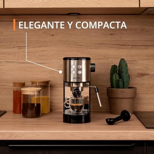 Virtuoso Essential - Cafetera espresso 15 bar, acero inox negro, diseño compacto y elegante, parada automática, espresso y cappuccino, Thermoblock, boquilla de vapor, incluye cuchara, XP4418