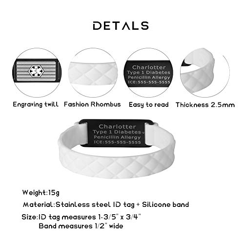 Medical Alert ID Bracelet White Silicone Band with Stainless Steel Tag for Women Men Kids Free Engraving - Thumbnail 3