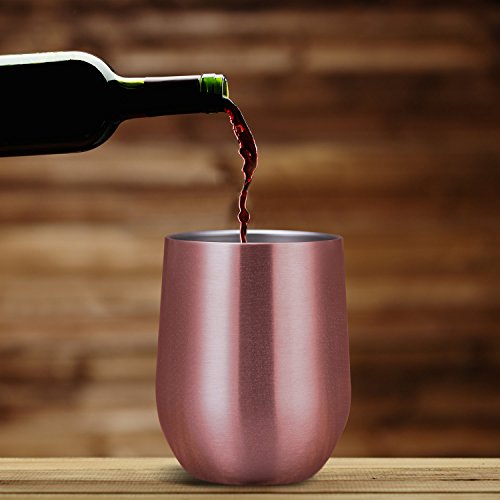 Skylety 12 oz Double-insulated Stemless Glass, Stainless Steel Tumbler Cup with Lids for Wine, Coffee, Drinks, Champagne, Cocktails, 2 Sets (Bright Rose Gold)