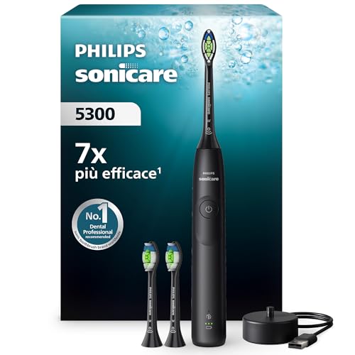 Philips Sonicare 5300 spazzolino elettrico sonico con 2 livelli di intensità, avviso di pressione, EasyStart, Smartimer e BrushPacer, nero, modello HX7101/04 [Nuova tecnologia]