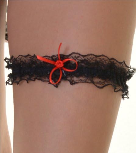 Brides black lace garter with red or black ribbon bow