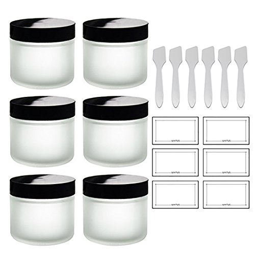 Frosted Clear Glass Straight Sided Jars - 2 oz (6 Pack) + Spatulas and Labels