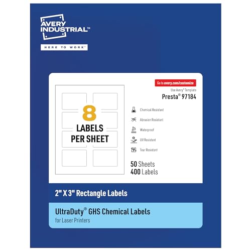 Avery UltraDuty GHS Labels, Waterproof, 2 X 3" White Rectangle Labels , 400 Tot…