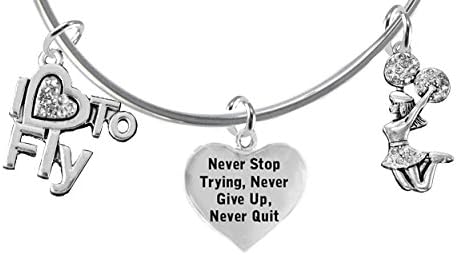 Cheer Crystal I Love To Fly, Crystal Never Stop Trying, Never Give Up, Never Quit, Jumping Cheerleader, Adjustable Miracle Wire Cheerleader Bracelet, Hypoallergenic, Nickel, Lead, And Cadmium Free