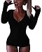 Moxeay V-Neck One Piece Bodysuit Long Sleeve Bodycon Rompers Medium Black