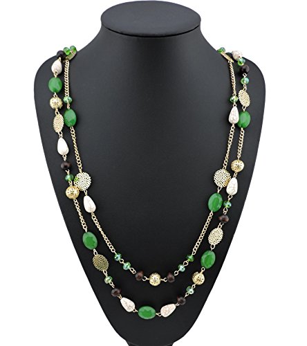 Bocar 14k gold plated link chain 2 layer crystal wood a…