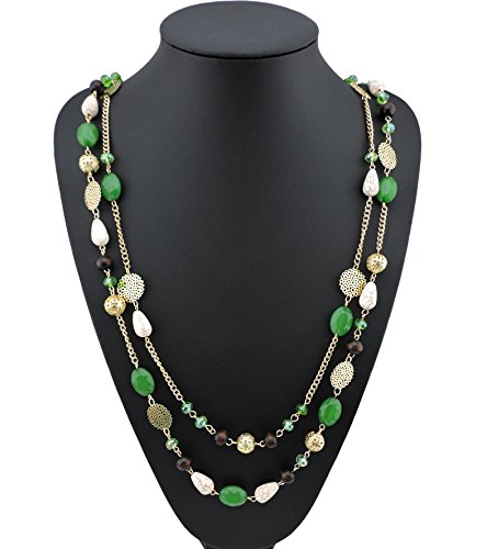 BOCAR 14K Gold Plated Link Chain 2 Layer Crystal Wood Acrylic Colorful Women Party Long Necklace Gift (10084-green)