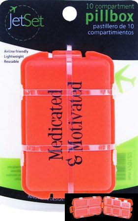 Jetset 10 Compartment "Medicated &amp; Motivated" Reusable Pill Box Case - Vacation or Day to Day Use Your Pills Will Stay Organized in This Neat Little Expressive Box.