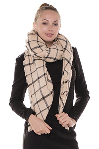 BYOS Women Winter Versatile Chic Tartan Plaid Oversized Blanket Scarf Wrap Shawl (Windowpane Check Beige)