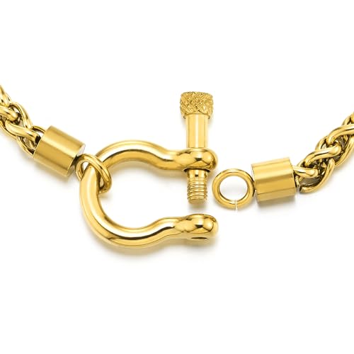 COOLSTEELANDBEYOND Mens Women Stainless Steel Foxtail Wheat Chain Necklace, Screw Anchor Shackle Nautical Sailor Clasp