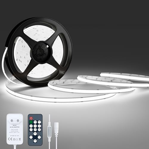 Ruban LED COB, Bande LED 5m Blanc Froid, Bandeau LED Cuisine Decoration Chambre TV, Strip Light 24V, Lumiere Dimmable, Interieur, 480LED/m, 6500K. Comprend Télécommande et Alimentation