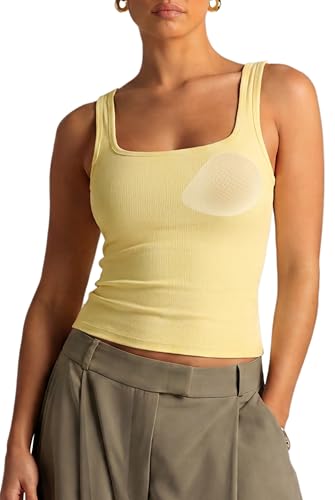 SUUKSESS Women Cotton Rib Squre Neck Tops Sleeveless Summer Padded Basic Tank Top (Yellow, S) at Amazon