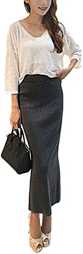 Women's Stretchy Knit Midi Skirt Bodycon Skirts with Elastic Waist Band and Slit
