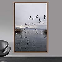 Framed Canvas Wall Art Flock of Birds Beach Birds Expressive Group Living Room Multicolor Photography - 16x24 inches